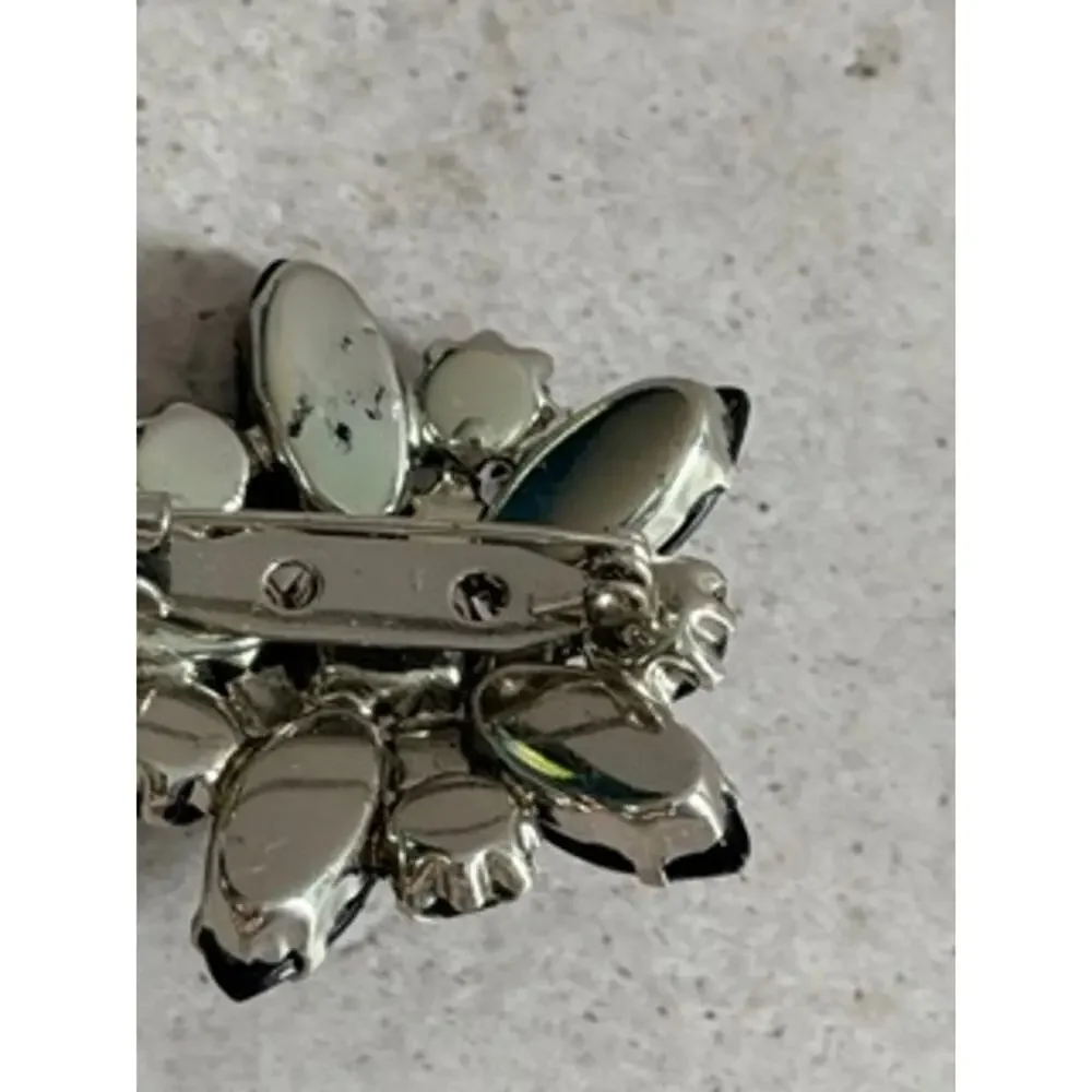 Vintage Black Rhinestone Floral Starburst Brooch Silver Tone Statement Pin